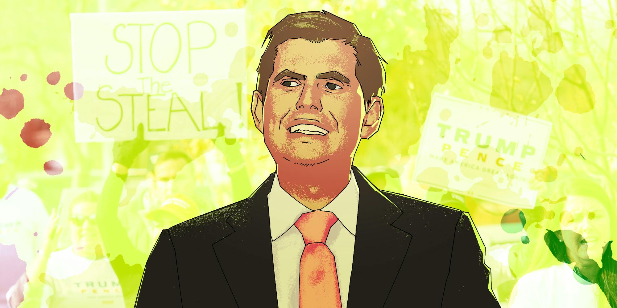 illustration of eric trump over protesters holding "stop the steal" and "trump pence" signs