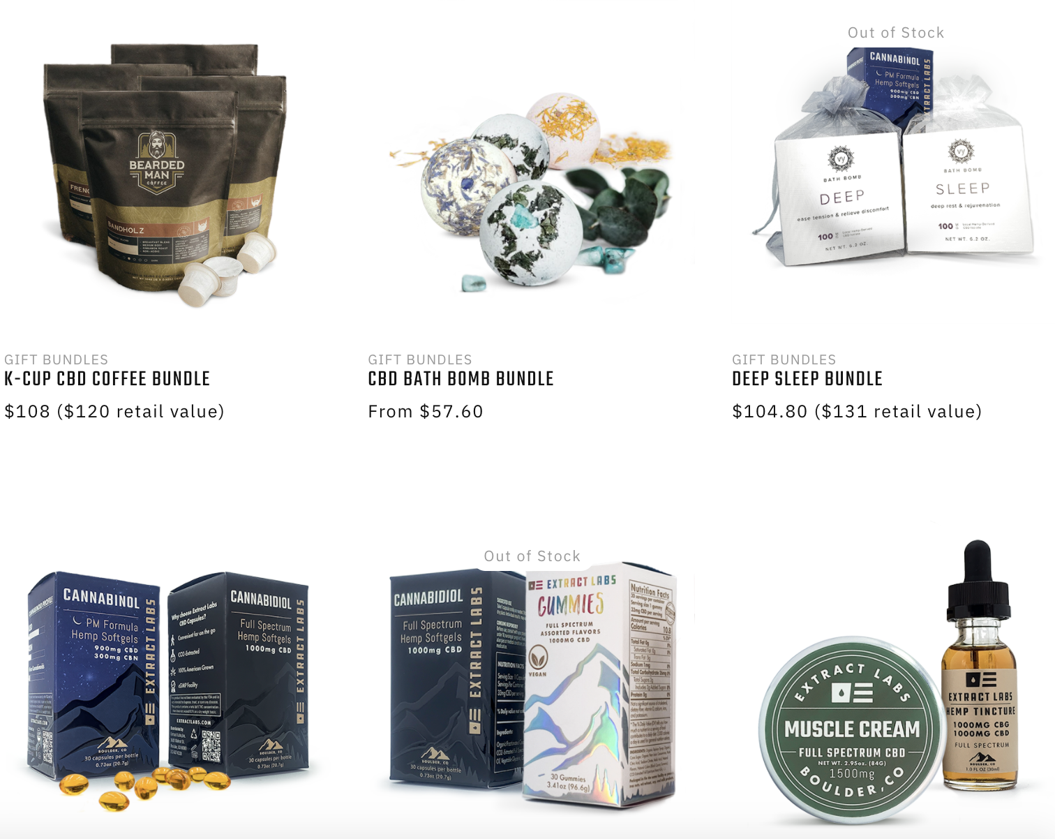 A screen shot of Extract Labs gift baskets for stoners available on the site. It includes CBD coffee pods, CBD tinctures, bath bombs, and soft gels.