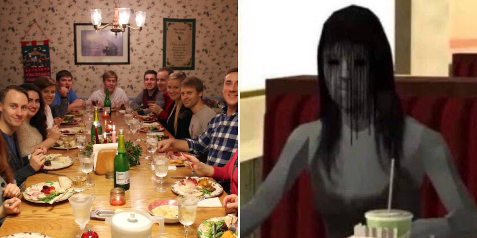 a photograph of a white family around a Christmas dinner table all looking at the camera with surprised expressions and a primitive Sims style cgi image of a grey skinned woman with stringy black hair over her face