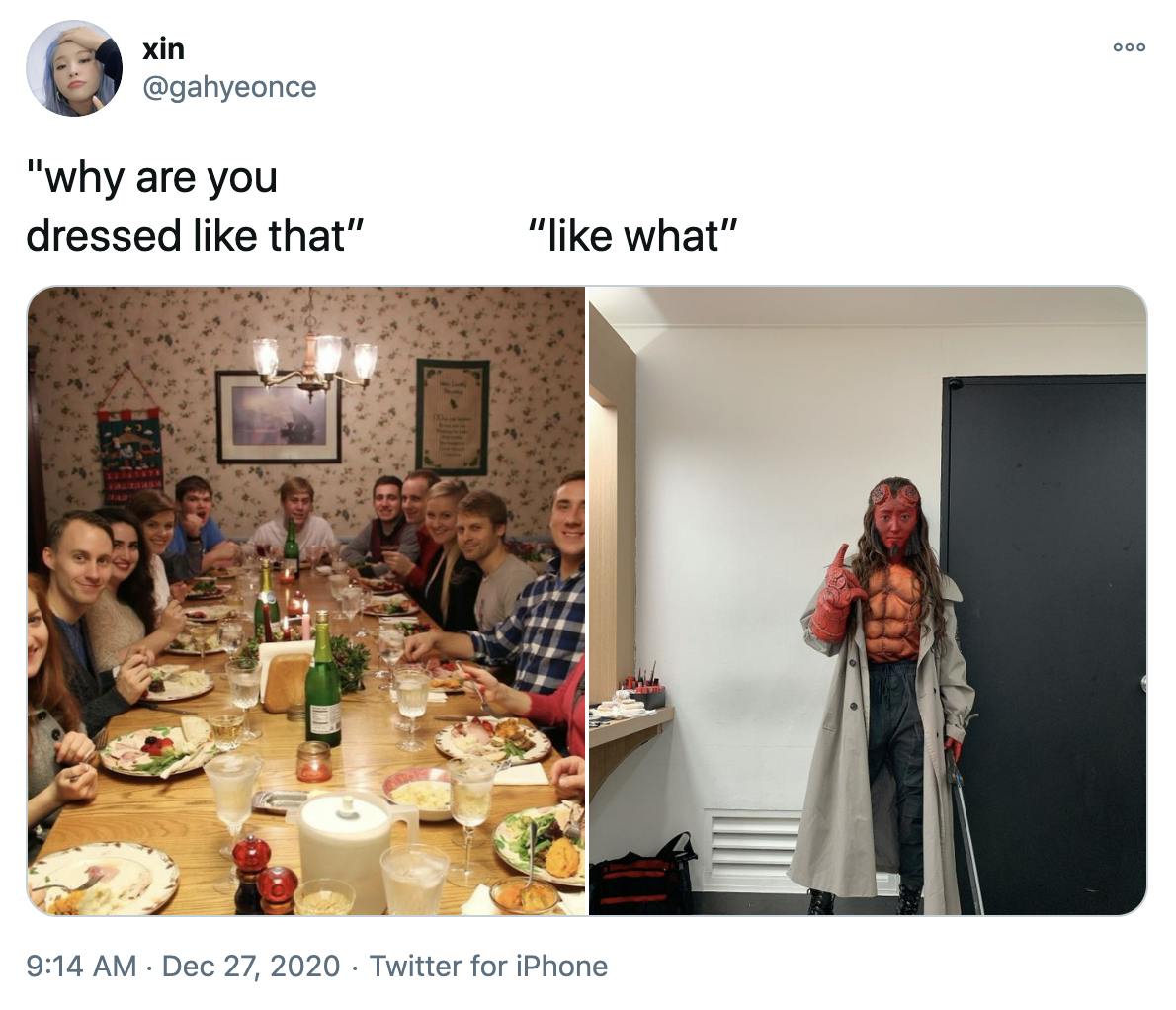 'why are you dressed like that? like what?' a photograph of a white family around a Christmas dinner table all looking at the camera with surprised expressions and a man in well done Hellboy cosplay, with red painted skin, prosthetic horns and a grey trench coat