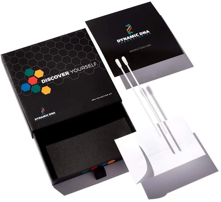 Image showing what's in the Cannabis DNA Test. Features two swabs, an envelope and a mail-away box. 
