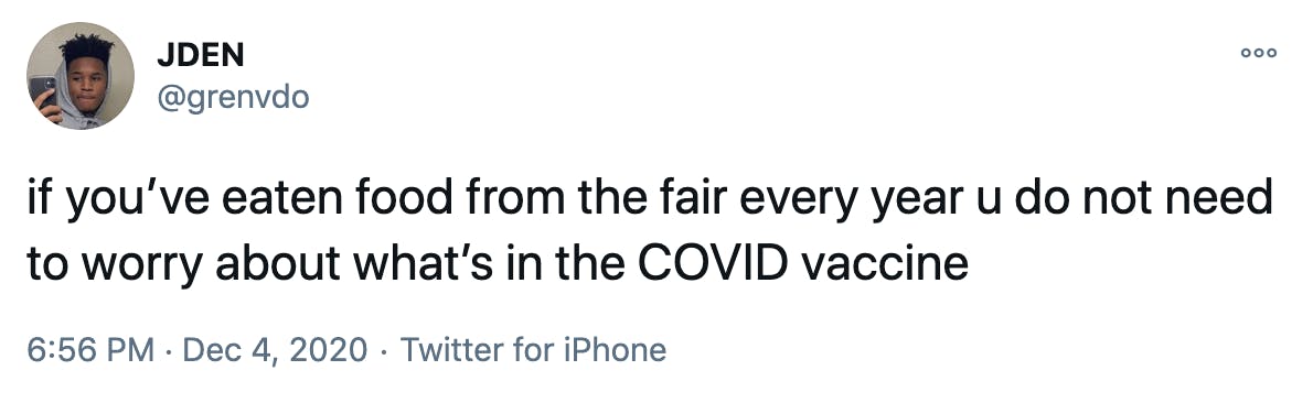 if you’ve eaten food from the fair every year u do not need to worry about what’s in the COVID vaccine