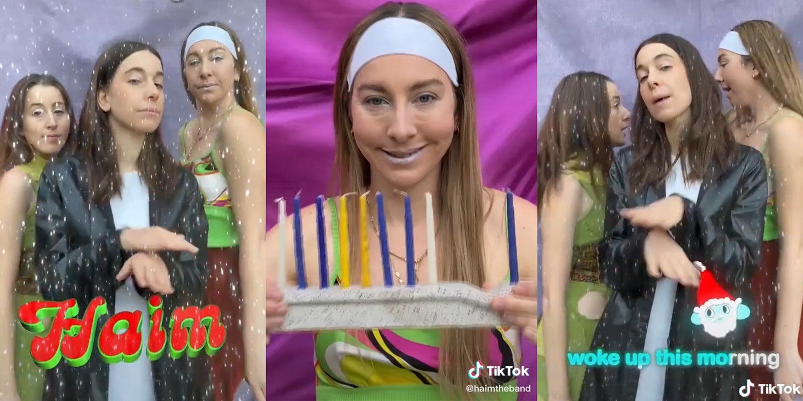 women singing haim song 'christmas wrapping 2020' and a woman holding up a menorah