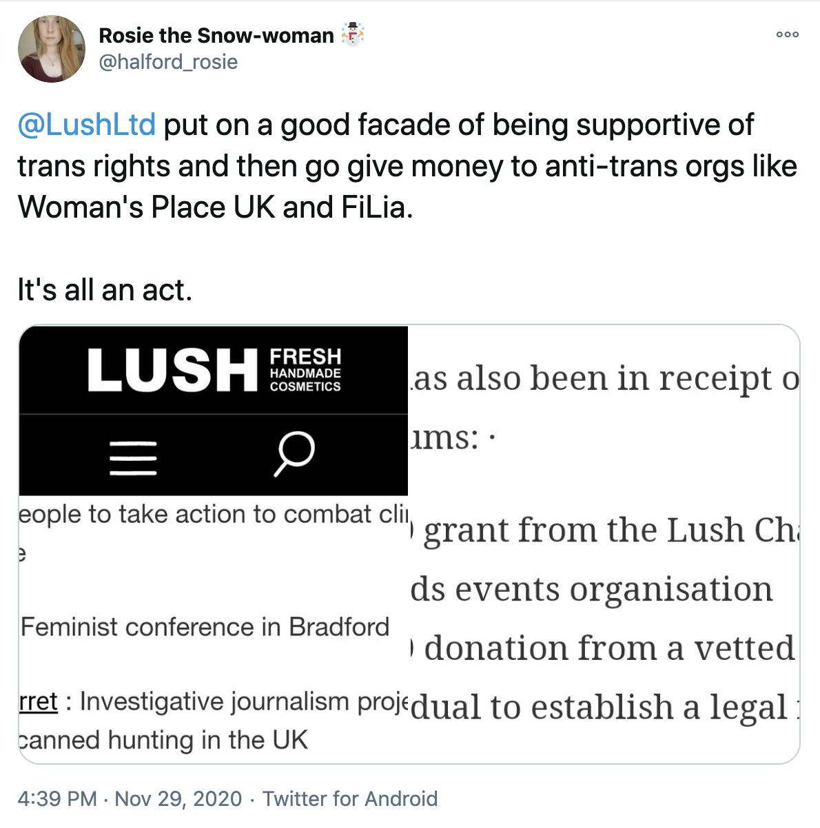 '@LushLtd put on a good facade of being supportive of trans rights and then go give money to anti-trans orgs like Woman's Place UK and FiLia. It's all an act.' screenshots of pages showing Lush has donated to FiLiA and WPUK