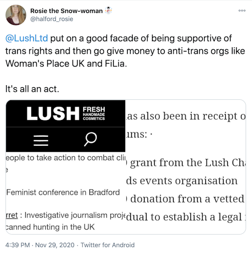 "@LushLtd  put on a good facade of being supportive of trans rights and then go give money to anti-trans orgs like Woman's Place UK and FiLia.  It's all an act." screenshots of pages showing Lush has donated to FiLiA and WPUK