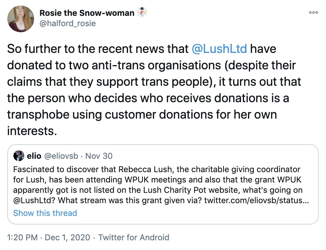 So further to the recent news that @LushLtd have donated to two anti-trans organisations (despite their claims that they support trans people), it turns out that the person who decides who receives donations is a transphobe using customer donations for her own interests.