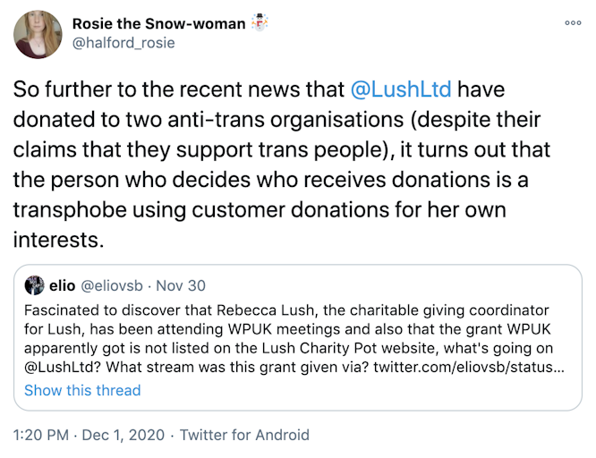 So further to the recent news that  @LushLtd  have donated to two anti-trans organisations (despite their claims that they support trans people), it turns out that the person who decides who receives donations is a transphobe using customer donations for her own interests.