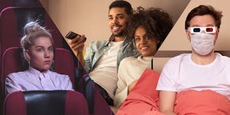 woman watching movie alone in theater, couple watching with remote control, man watching alone in bed with 3d glasses and facemask