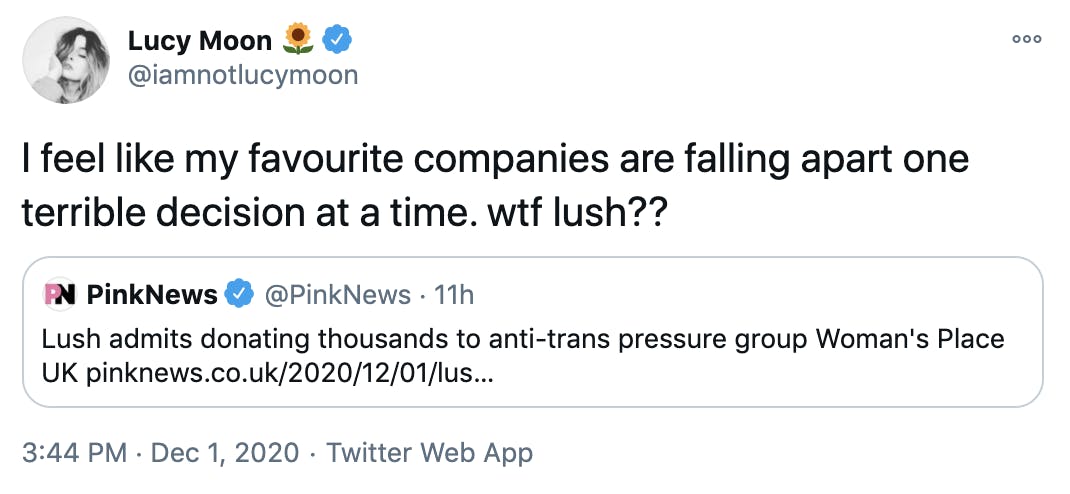 I feel like my favourite companies are falling apart one terrible decision at a time. wtf lush??