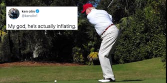 A tweet next to President Donald Trump golfing