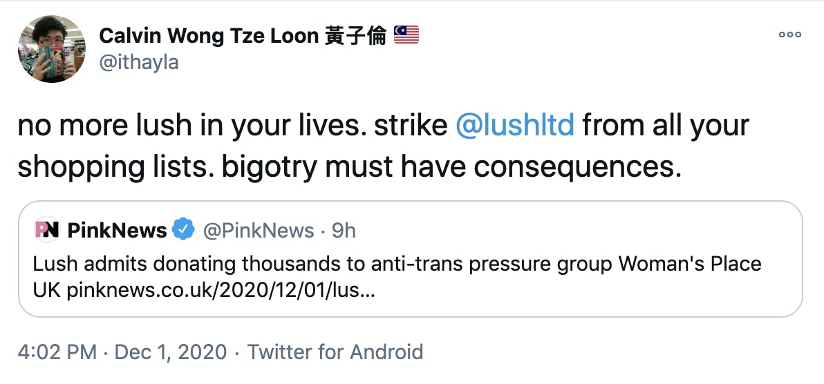 no more lush in your lives. strike @lushltd from all your shopping lists. bigotry must have consequences.