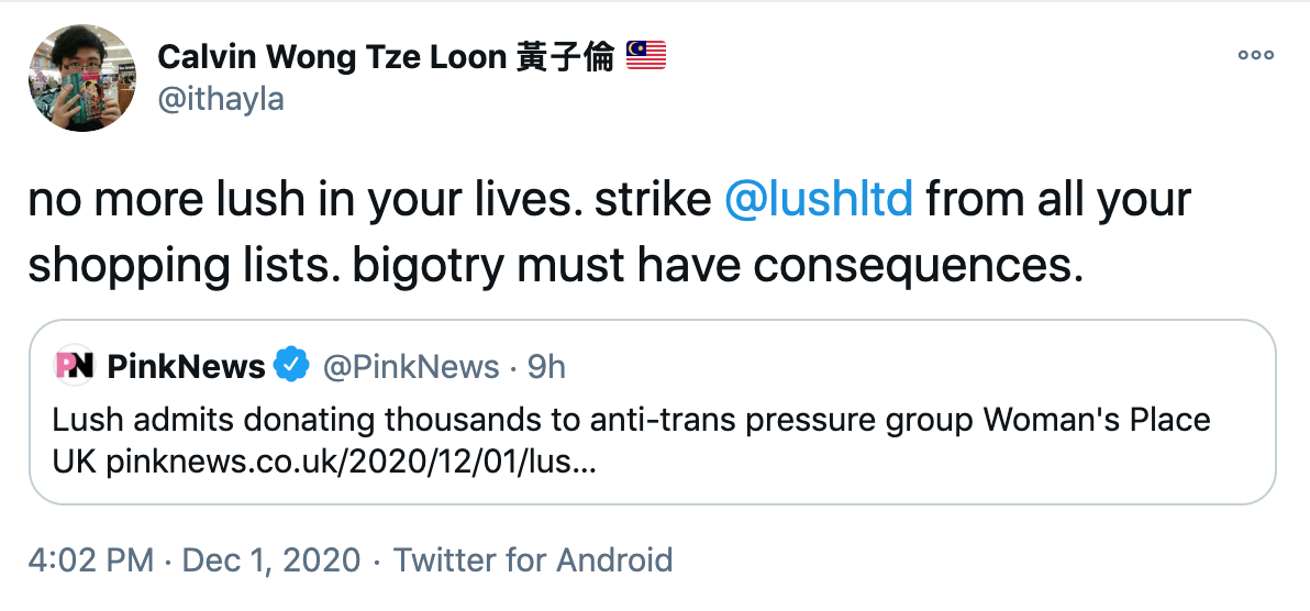 no more lush in your lives. strike @lushltd from all your shopping lists. bigotry must have consequences.