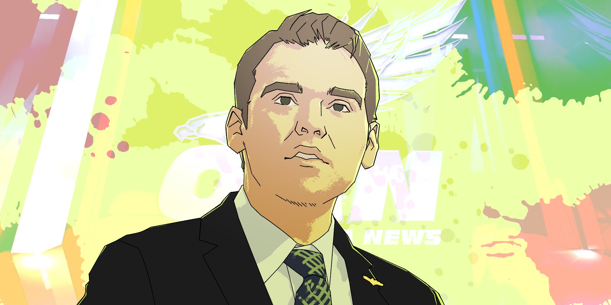 illustration of jack posobiec over oann logo background