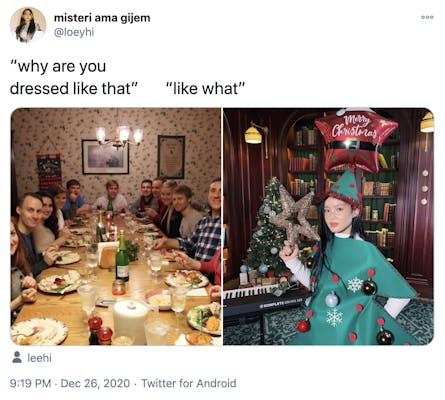 "why are you dressed like that? like what?" a photograph of a white family around a Christmas dinner table all looking at the camera with surprised expressions and  a photograph of a woman in a Christmas tree costume, holding a tinsel star next to a keyboard and beneath a red star shaped balloon that had "merry Christmas" written on it