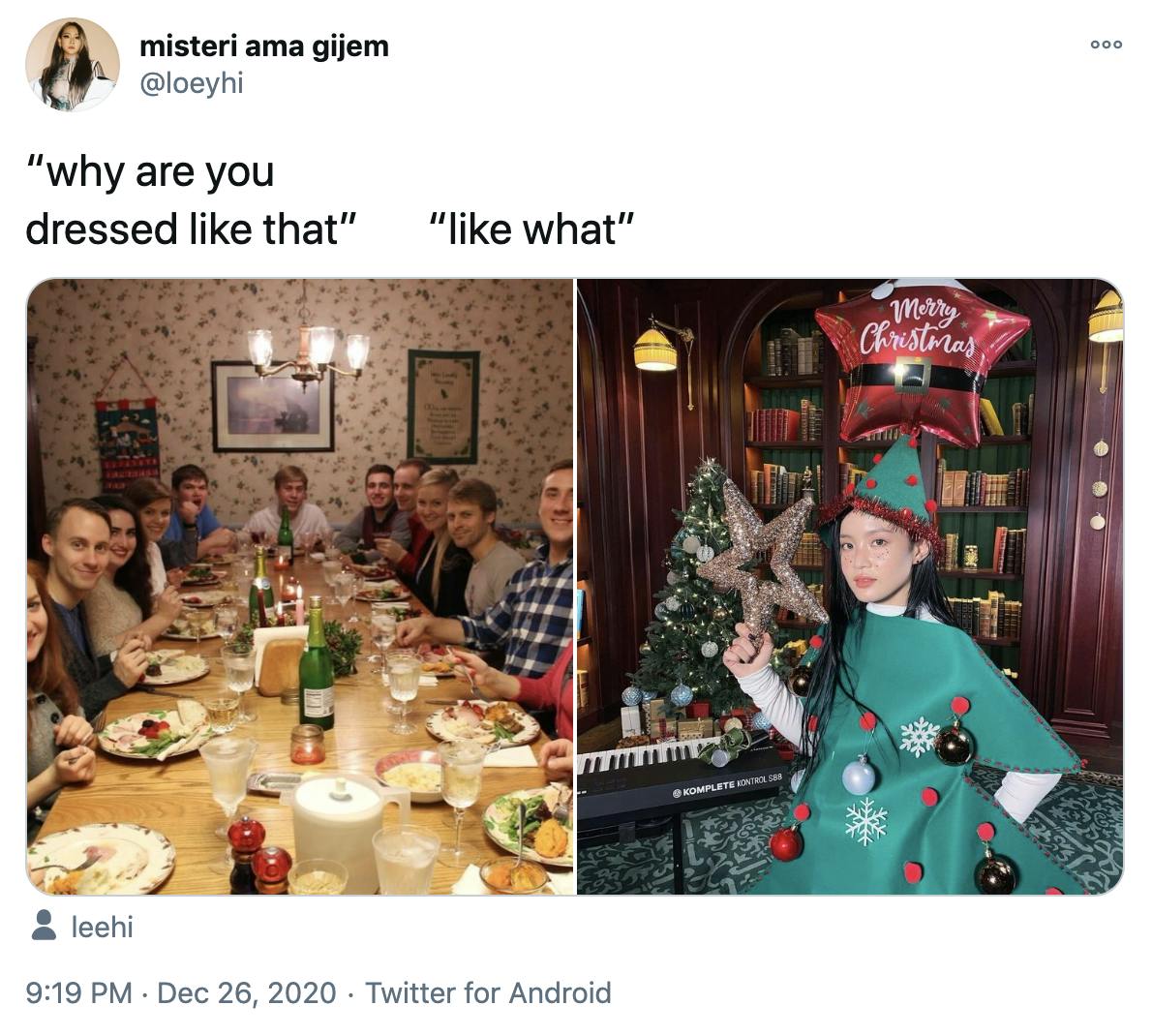 'why are you dressed like that? like what?' a photograph of a white family around a Christmas dinner table all looking at the camera with surprised expressions and a photograph of a woman in a Christmas tree costume, holding a tinsel star next to a keyboard and beneath a red star shaped balloon that had 'merry Christmas' written on it