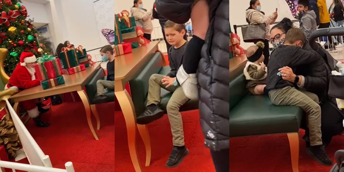 mall santa tells boy he can't have a nerf gun, boy begins to cry, boy is comforted by mother