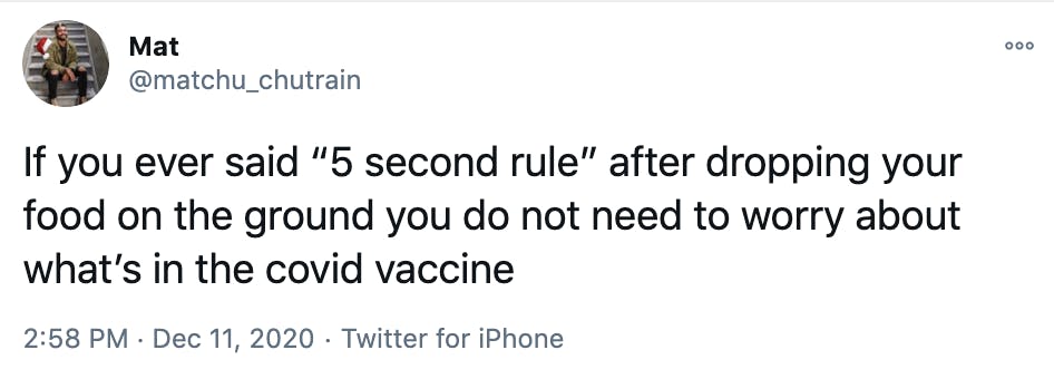 If you ever said “5 second rule” after dropping your food on the ground you do not need to worry about what’s in the covid vaccine
