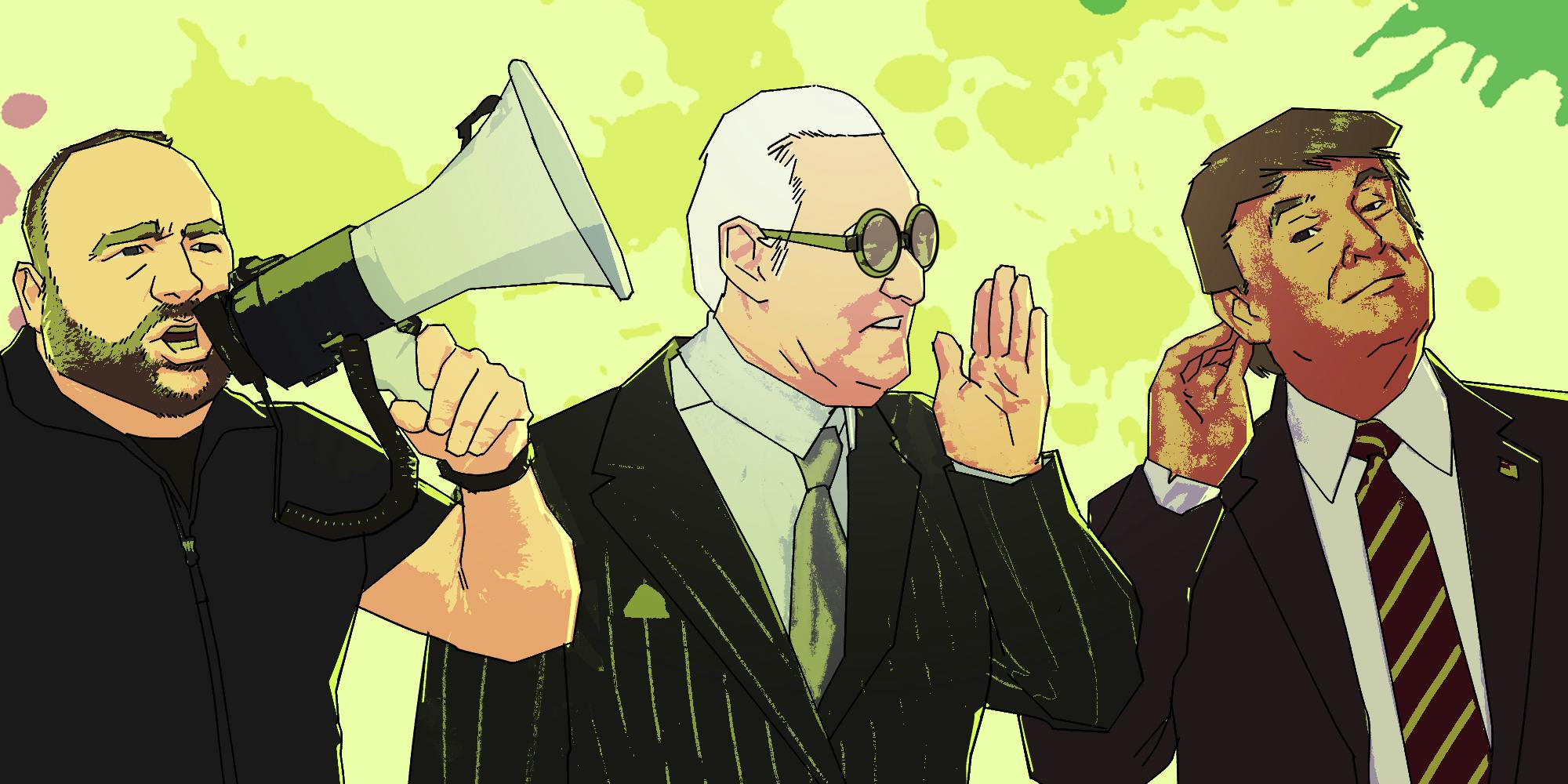 illustration of alex jones with a megaphone, rogerstone whispering into trump's ear