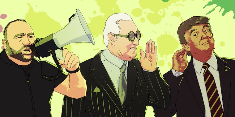 illustration of alex jones with a megaphone, rogerstone whispering into trump's ear