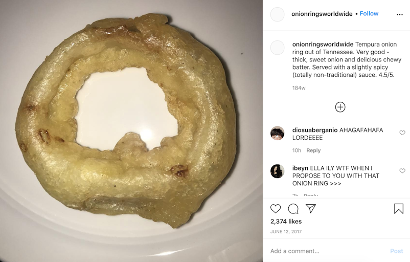 picture of a large pale onion ring on a white plate with the caption "