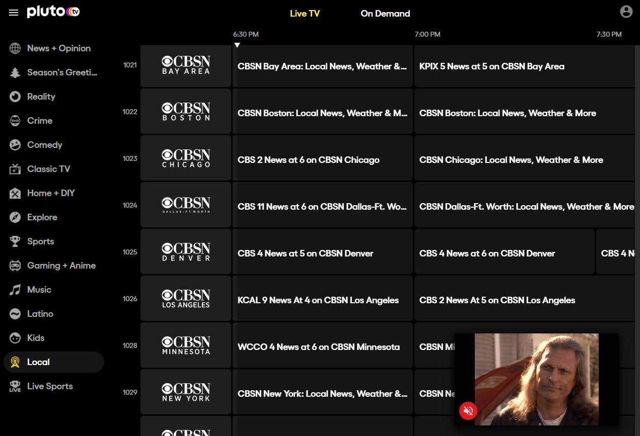 Photo of Pluto TV's selection of local channels.