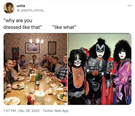 "why are you dressed like that? like what?" a photograph of a white family around a Christmas dinner table all looking at the camera with surprised expressions and a photograph of three members of the band KISS wearing their iconic black and white makeup and tight black, red and purple clothes with spikes