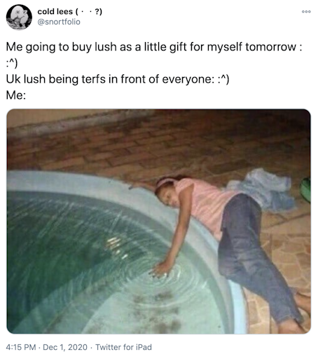 "Me going to buy lush as a little gift for myself tomorrow : :^) Uk lush being terfs in front of everyone: :^) Me:" photograph of a sad Black girl laying down and dipping her hand in a dirty paddling pool