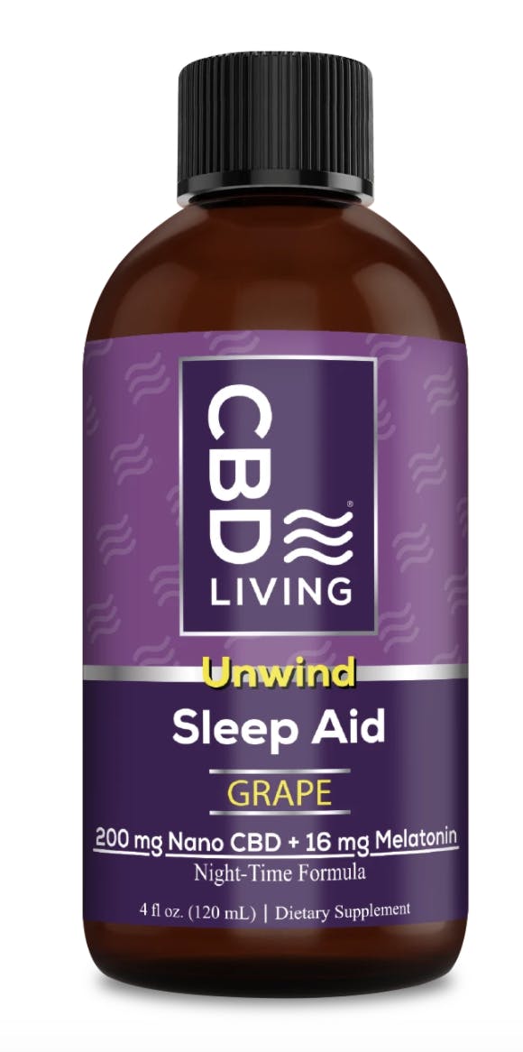 A four once bottle of CBD Living's Grape Unwind Nighttime Sleep Aid Syrup