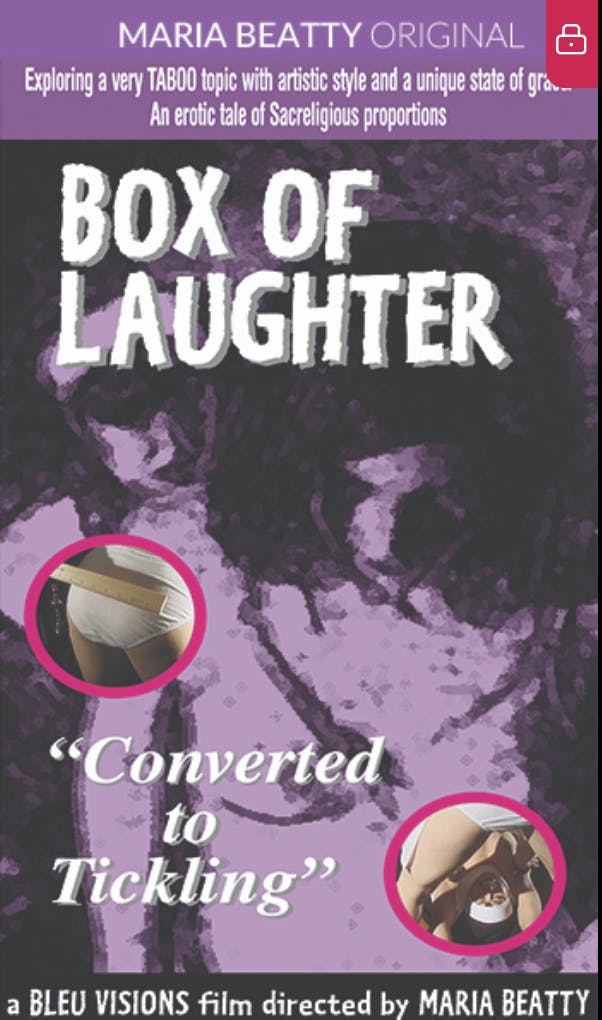 Movie poster for Maria Beatty's Box of Laughter. It features one woman standing behind another with her head down. The entire poster is purple and grey hues, it reads 'Converted to tickling.'