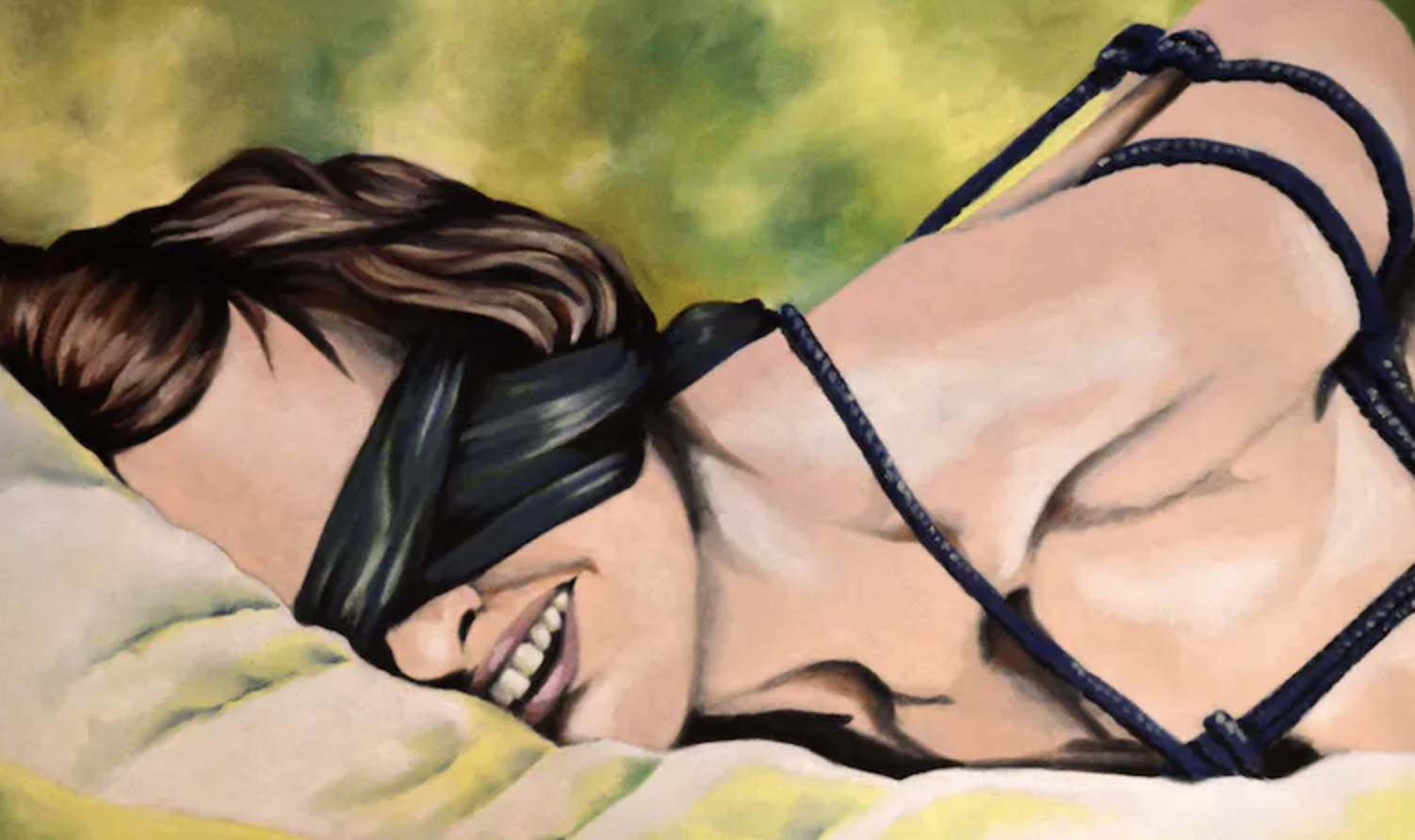 Using soft pastels, charcoal and ink Nadia Vanilla drew this image of a woman tied up with black rope wearing a black silk blindfold and laughing as she is face down on a bed. Presumably partaking in tickle sex.
