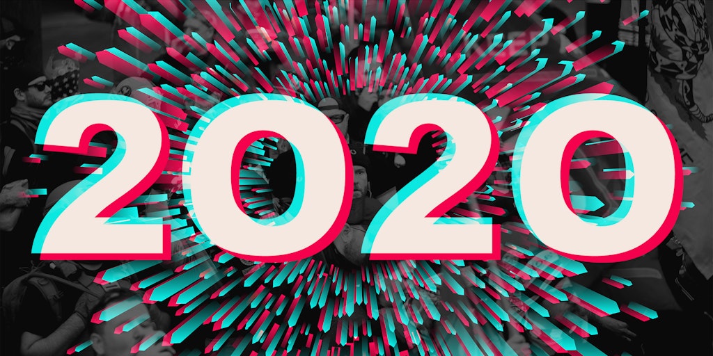 "2020" in TikTok logo style over abstract background mixed with Trump protest