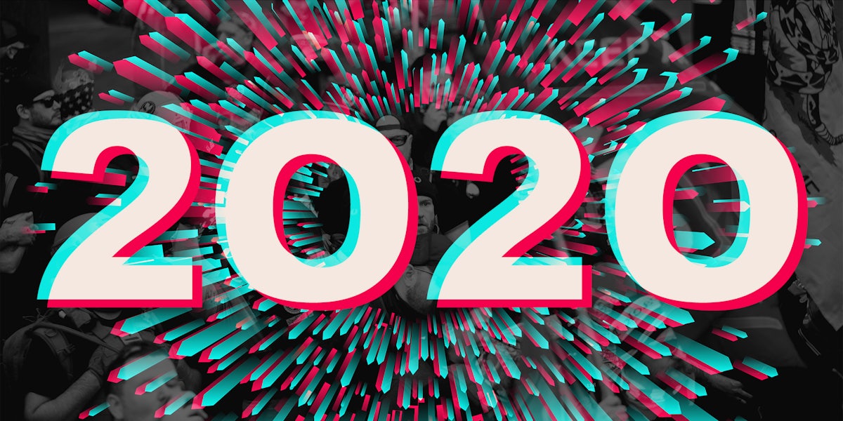 '2020' in TikTok logo style over abstract background mixed with Trump protest