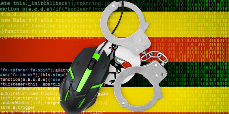 mouse cable handcuffed over ugandan flag with code in background