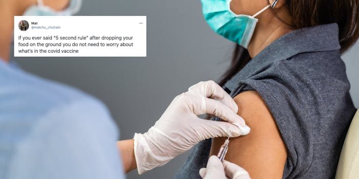 Photo showing a patient getting a shot in the arm with a COVID-19 vaccine meme on top.