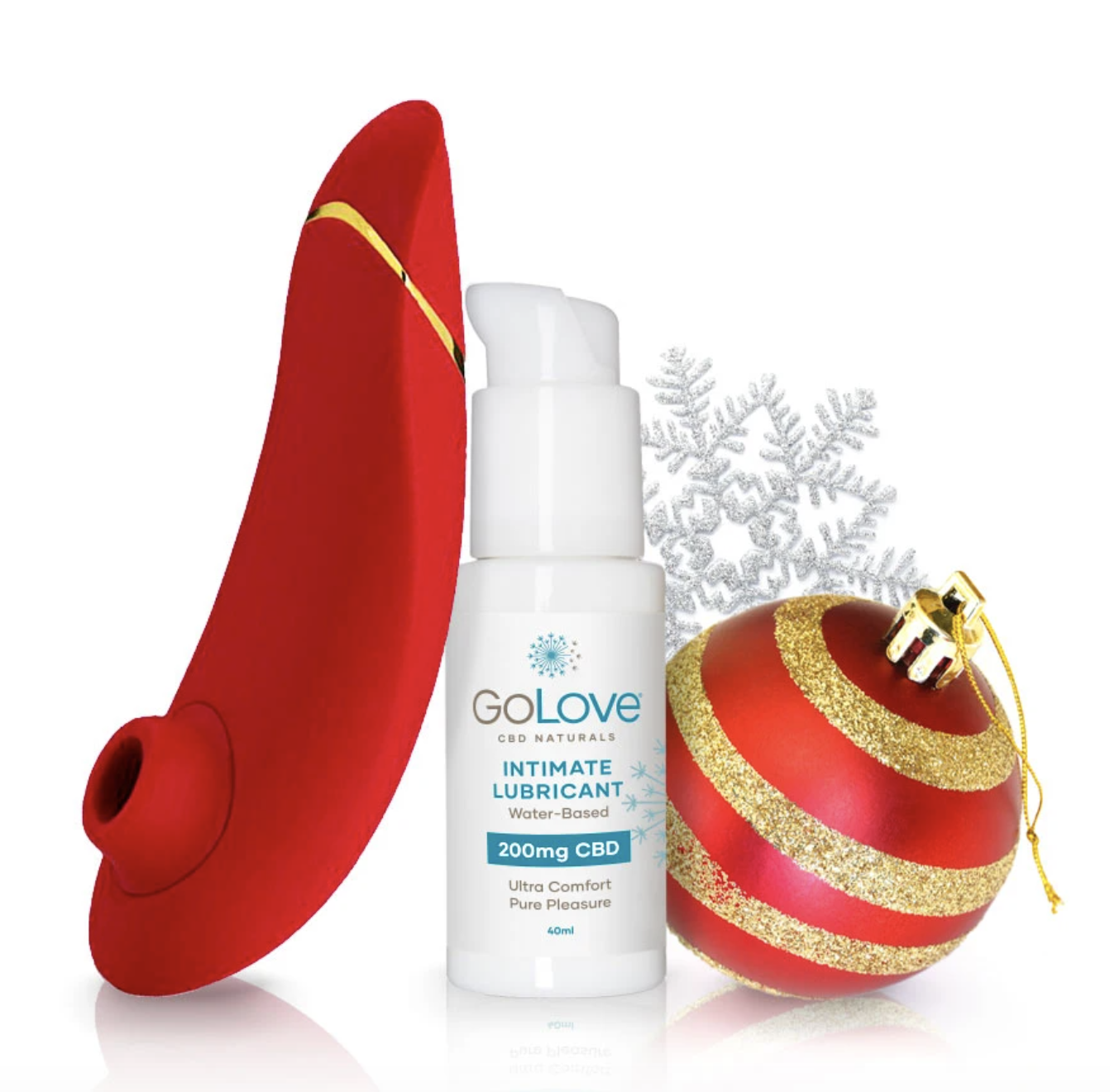 GoLove CBD lube and Womanizer vibrator bundle displayed next to a snowflake and ornament