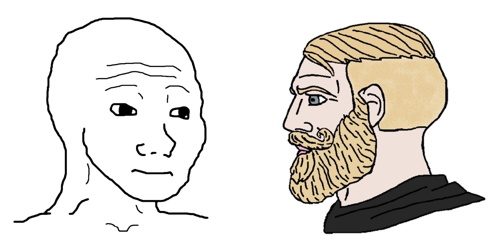 wojak and 'yes chad' memes, bald line drawn face with bearded, blonde-haired line drawn man