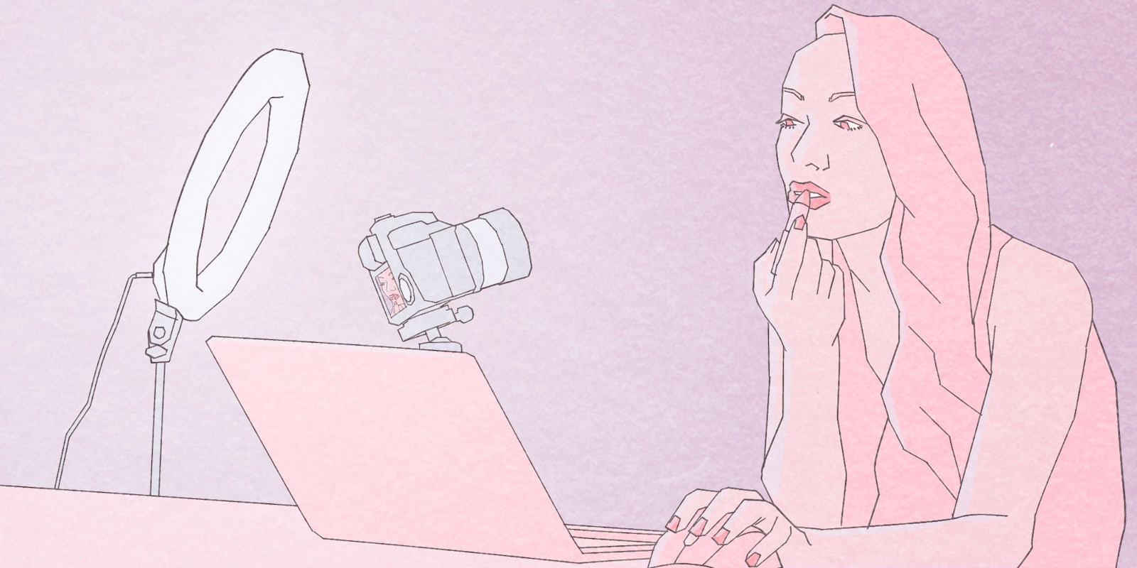 illustration of woman using ring light, camera and laptop to apply lipstick
