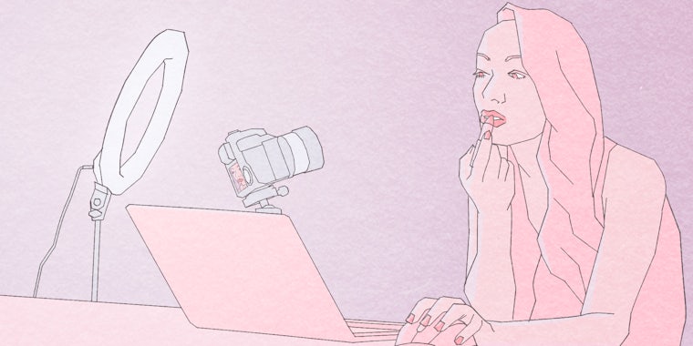 illustration of woman using ring light, camera and laptop to apply lipstick