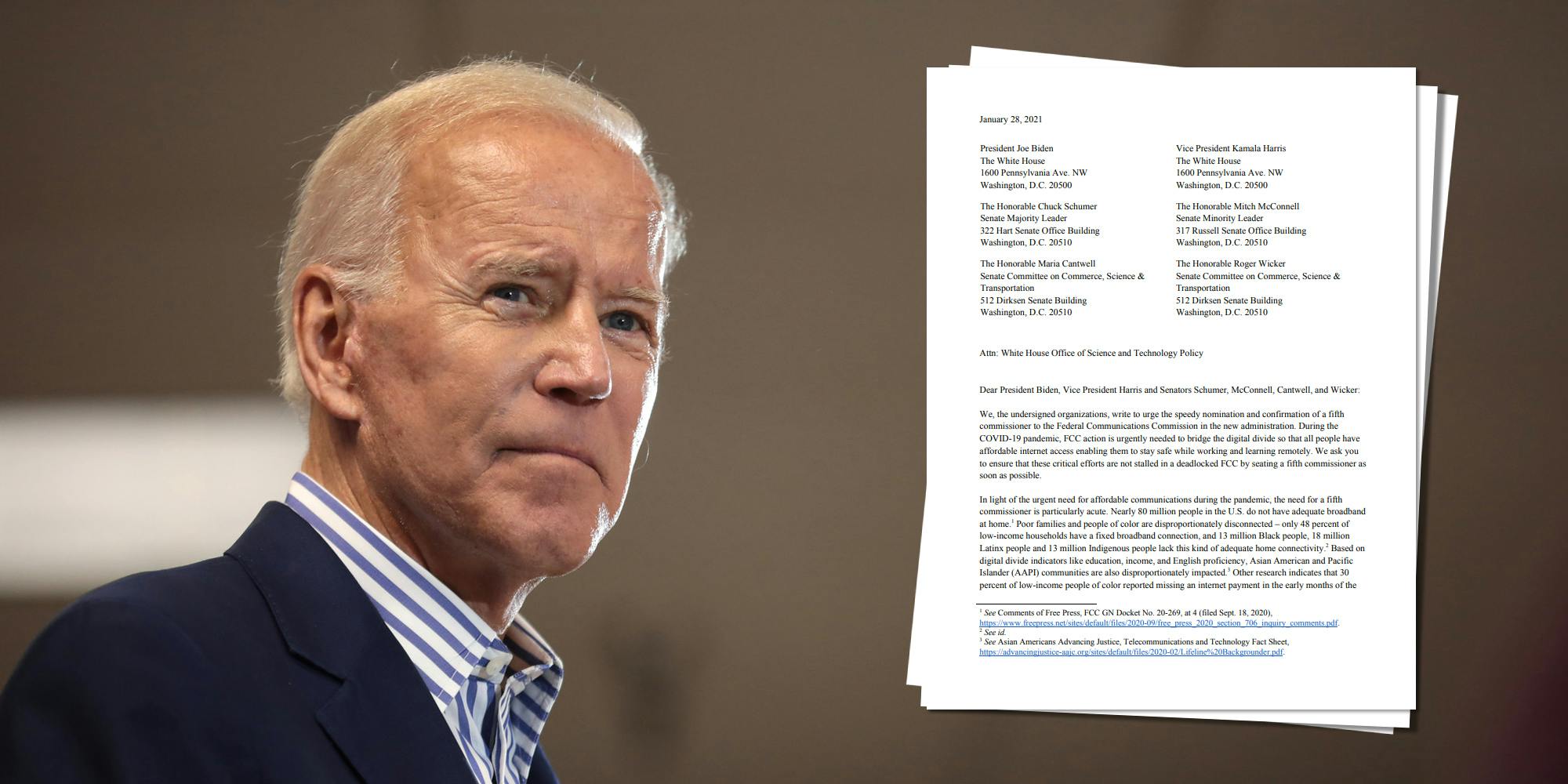 Joe Biden next to a letter urging him and Congress to quickly confirm the fifth member of the FCC.