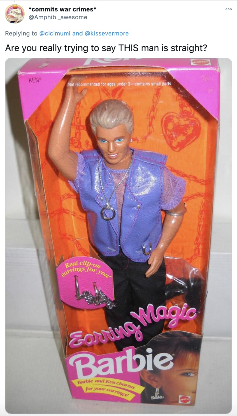 'Are you really trying to say THIS man is straight?' Photograph of the Earring Magic Ken Doll in his box. he wears a purple pleather vest, a large silver ring on a chain around his neck and has his arm raised