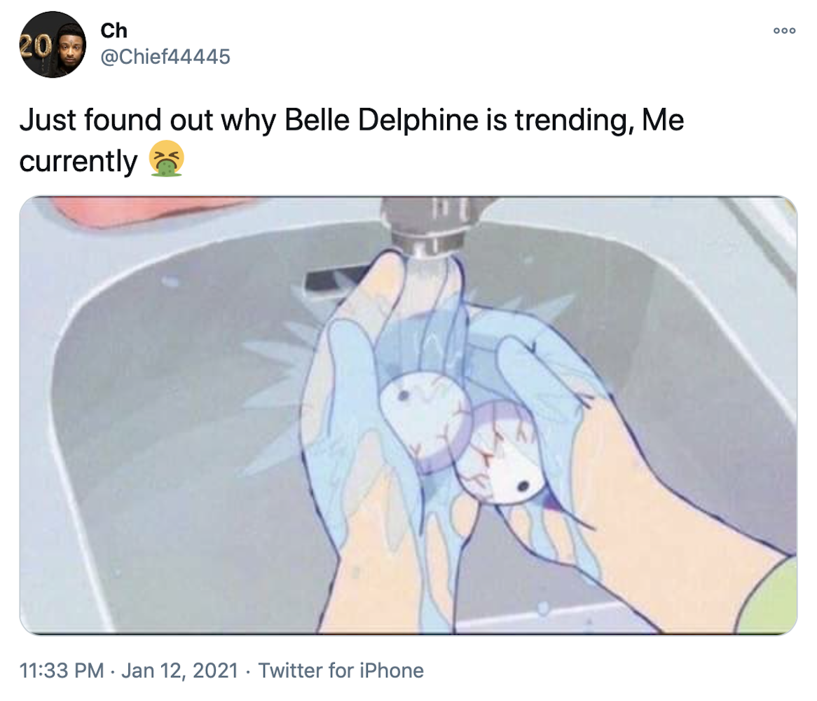 "Just fgound out why Belle Delphine is trending, me currently" a cartoon image of white hands washing eyeballs in a steel sink