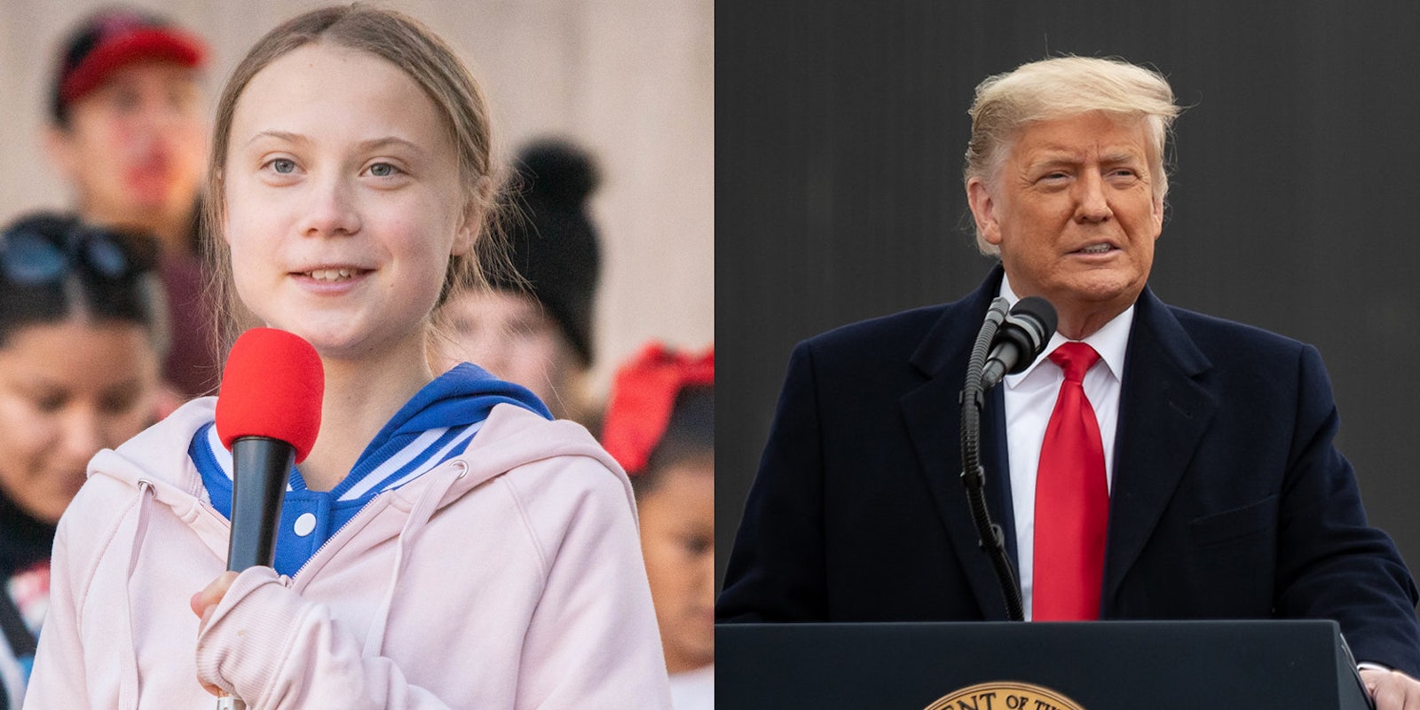 A side by side of Greta Thunberg and Donald Trump