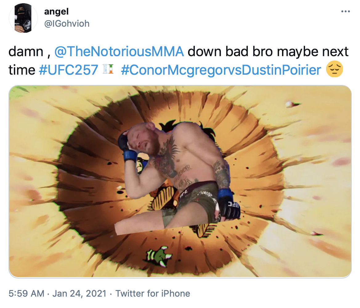 "damn ,  @TheNotoriousMMA  down bad bro maybe next time #UFC257 #ConorMcgregorvsDustinPoirier Pensive face" McGregor photoshopped into an anime impact crater