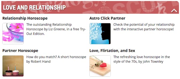 A screen grab of the psychic love readng offers from Astro.com
