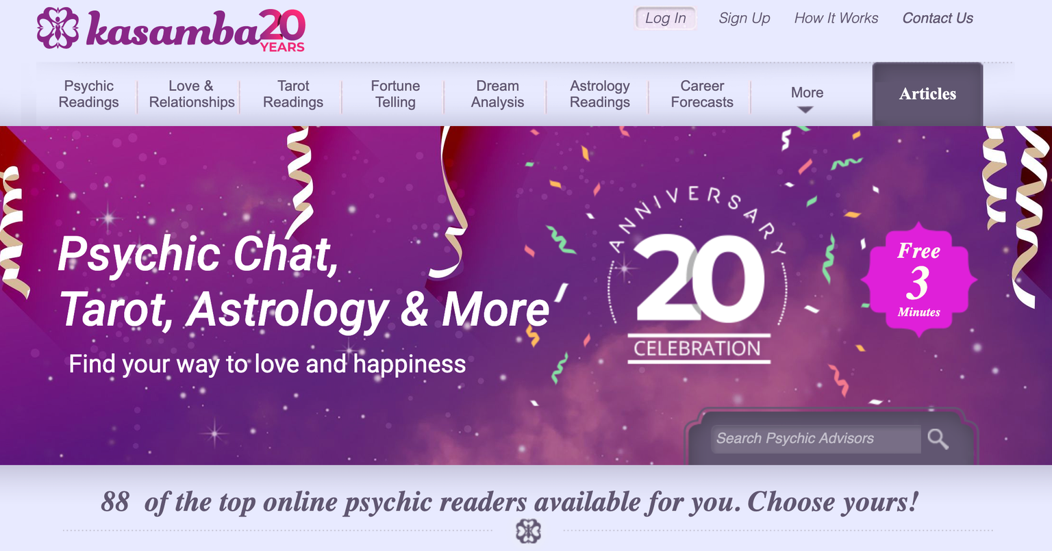 Screen grab of the Kasamba opening page, offering psychic chat, tarot, astrology and more