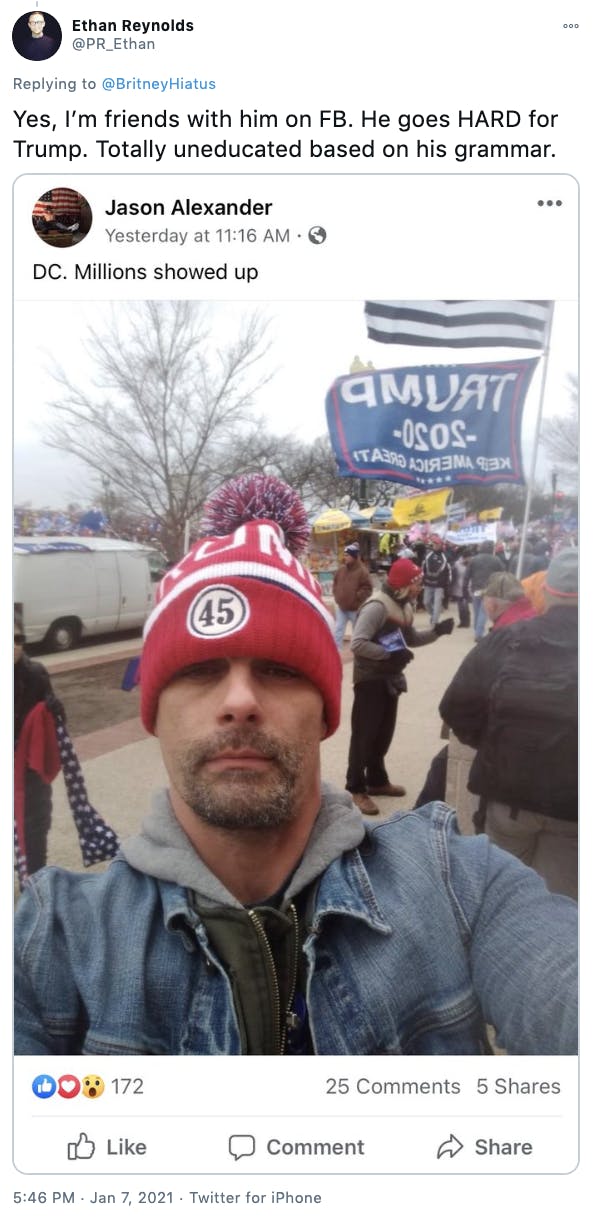 'Yes, I’m friends with him on FB. He goes HARD for Trump. Totally uneducated based on his grammar.' Photograph of Jason Alexander wearing a red ad white '45' bobble hat and a jean jacket, taken at the Capitol Hill riots with flag waving rioters behind him