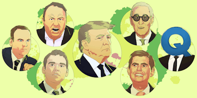 illustration of Dan Scavino, Jack Posobiec, Alex Jones, Donald Trump, Eric Trump, Roger Stone, and Q head on suit over animated slime mold background