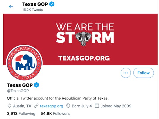 photo of texas gop header that says we are the storm