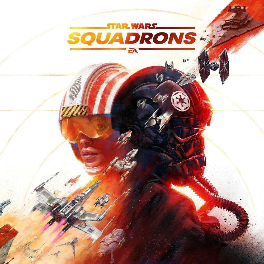 The cover art for EA's Star Wars: Squadrons. The game's Star Wars logo mirrors earlier, old school Star Wars video games.