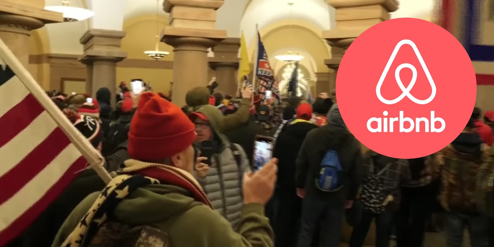Rioters at the Capitol and the Airbnb logo